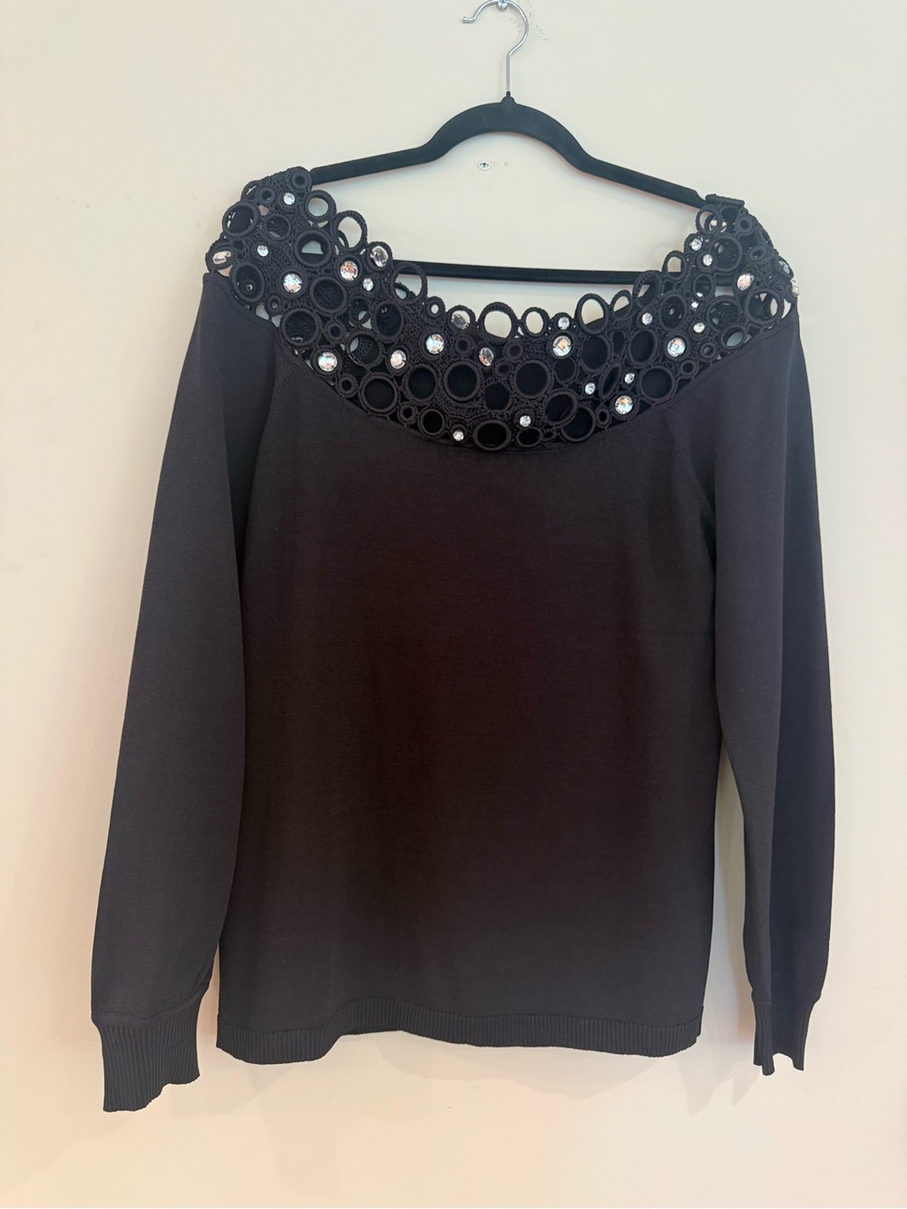 Boston Proper Black Off-the-Shoulder Sweater with Embellished Neckline